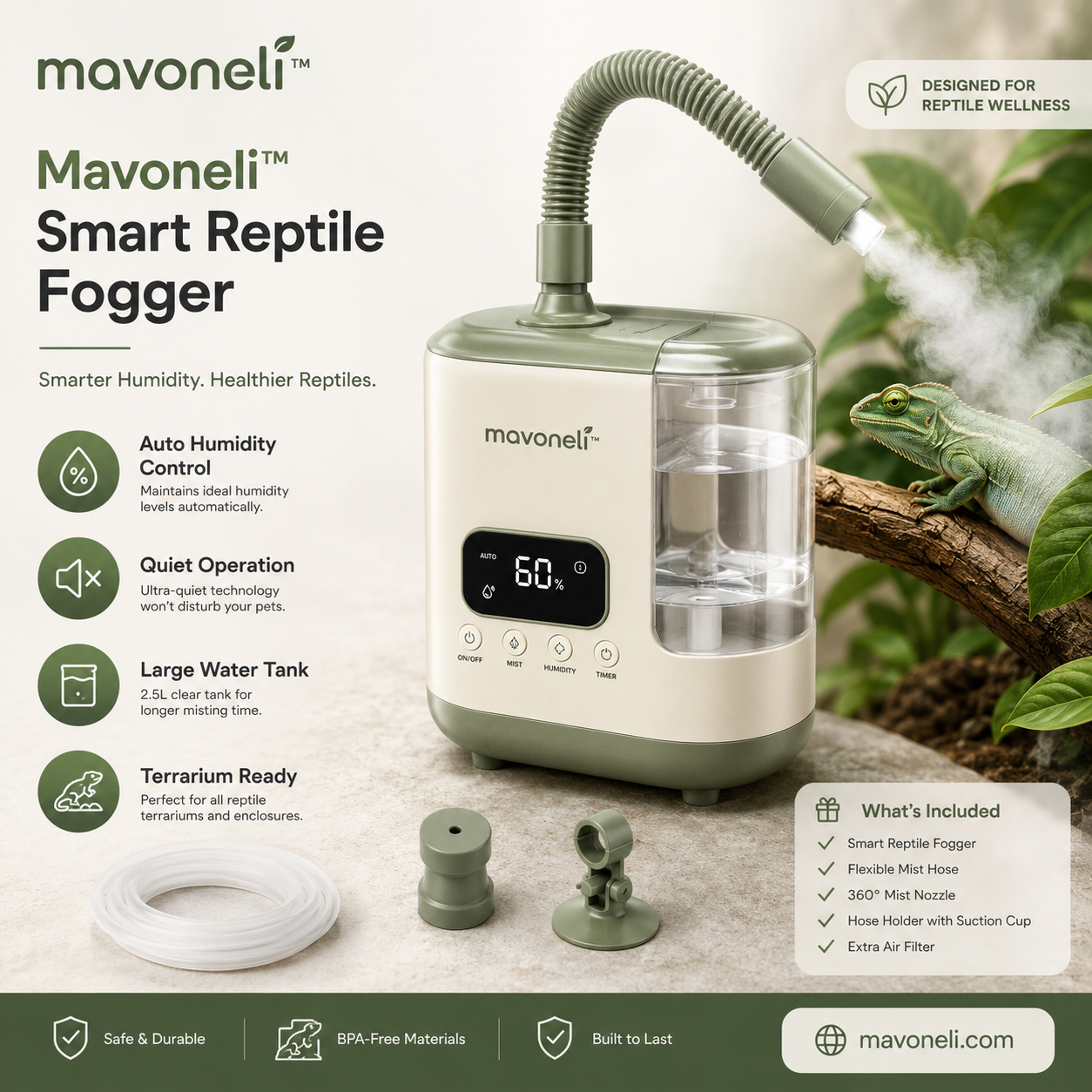 Mavoneli™ Smart Reptile Fogger with Automatic Humidity Control & Flexible Mist Hose