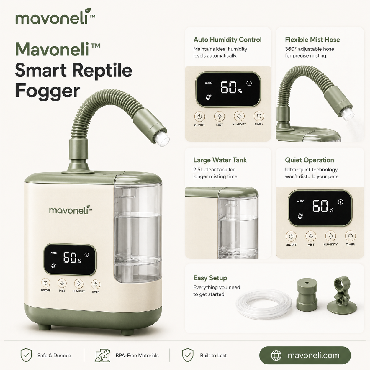 Mavoneli™ Smart Reptile Fogger with Automatic Humidity Control & Flexible Mist Hose