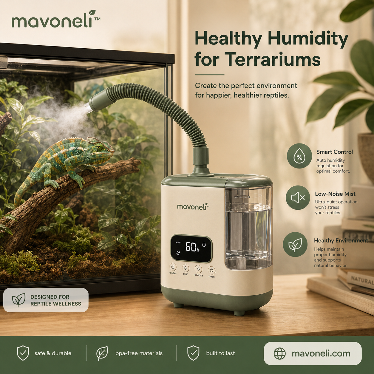 Mavoneli™ Smart Reptile Fogger with Automatic Humidity Control & Flexible Mist Hose