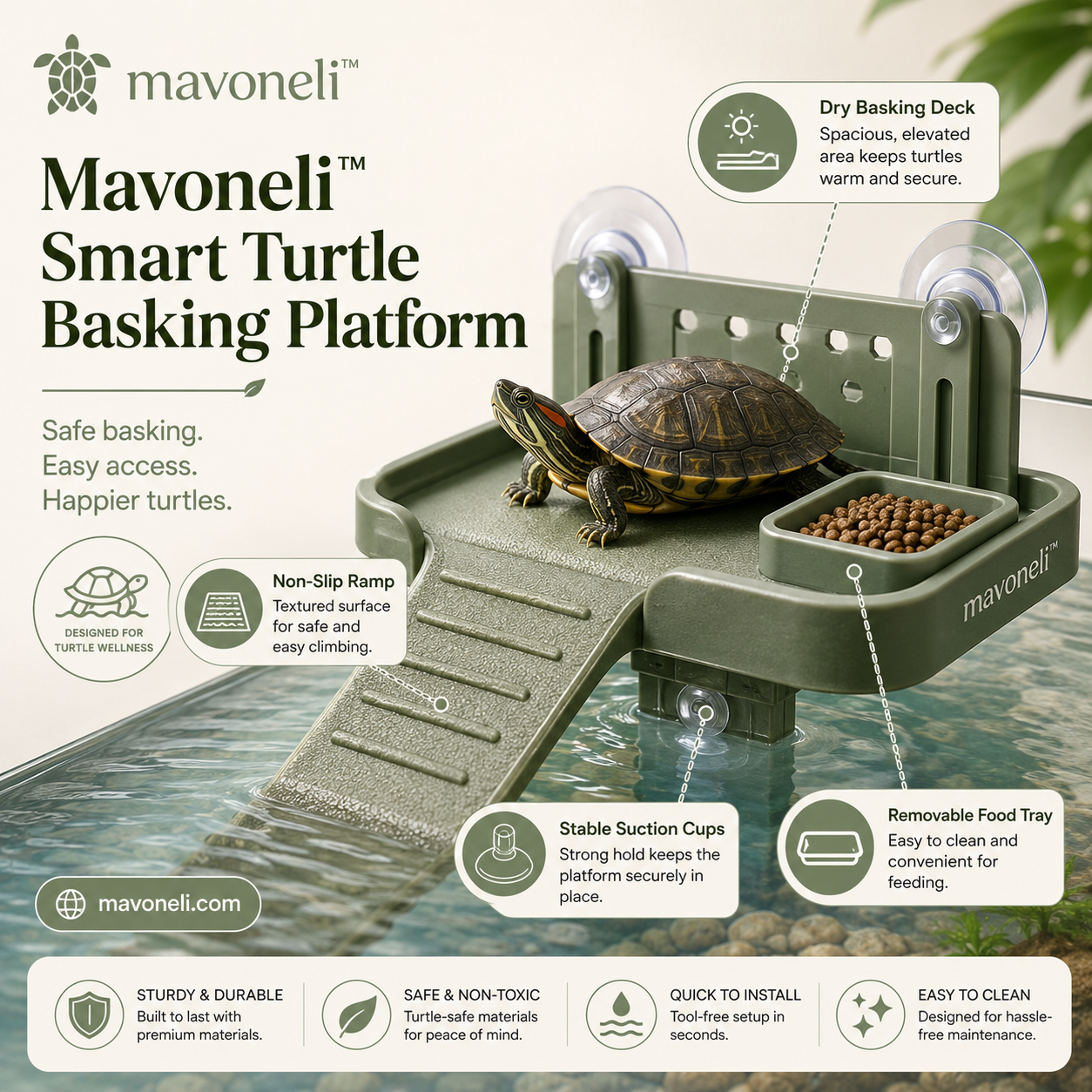 Mavoneli™ Smart Turtle Basking Platform with Non-Slip Ramp, Suction Cups & Removable Feeding Tray