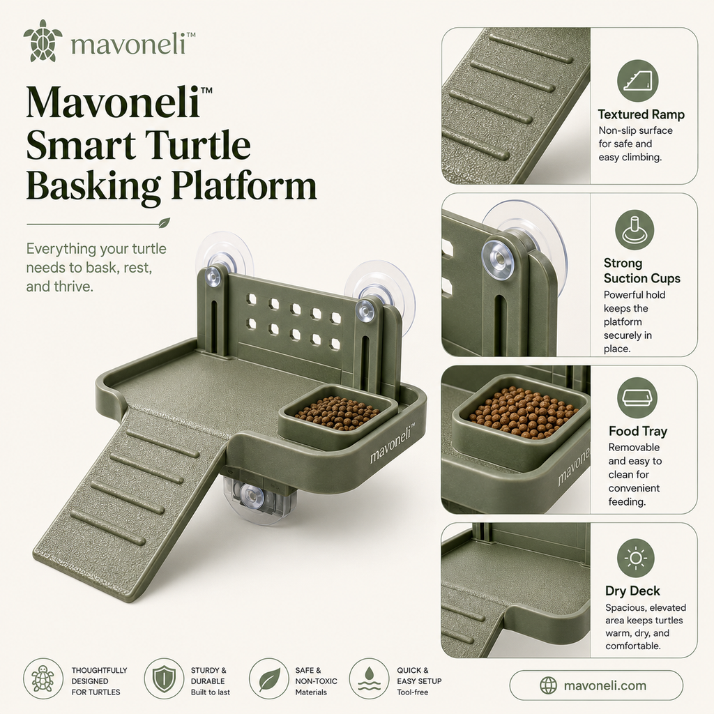Mavoneli™ Smart Turtle Basking Platform with Non-Slip Ramp, Suction Cups & Removable Feeding Tray
