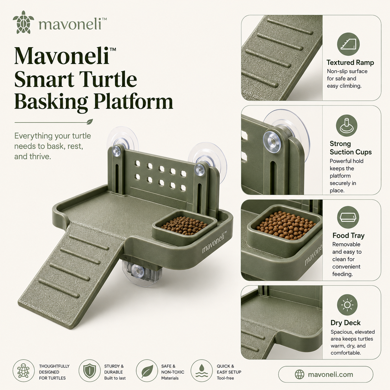 Mavoneli™ Smart Turtle Basking Platform with Non-Slip Ramp, Suction Cups & Removable Feeding Tray