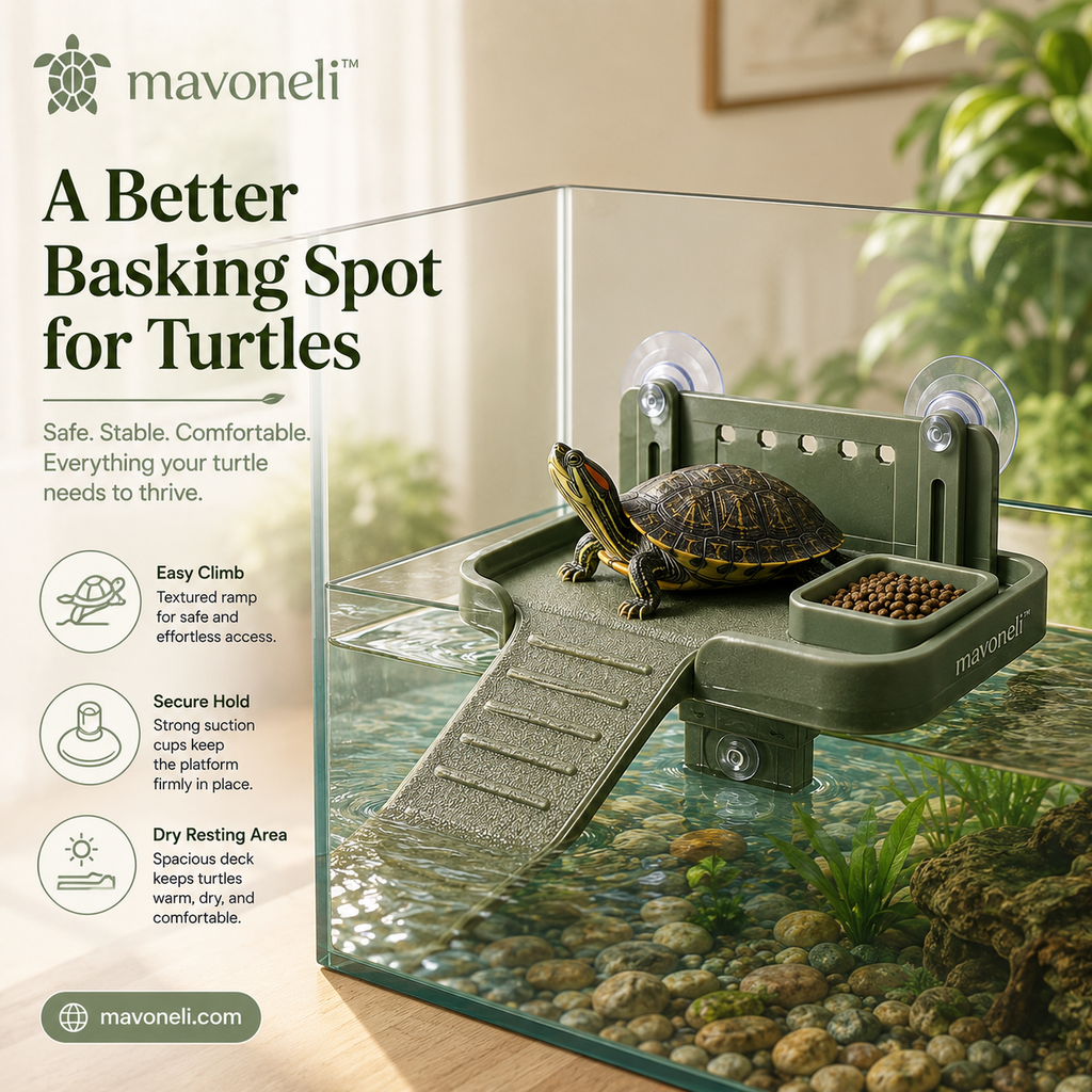 Mavoneli™ Smart Turtle Basking Platform with Non-Slip Ramp, Suction Cups & Removable Feeding Tray