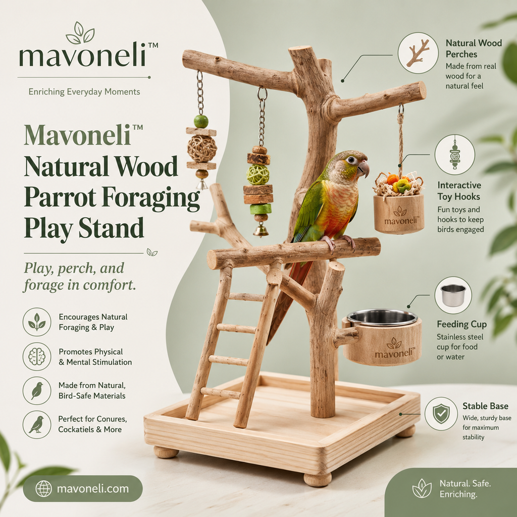 Mavoneli™ Natural Wood Parrot Foraging Play Stand with Ladder, Toys & Feeding Cups