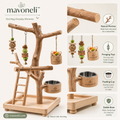 Mavoneli™ Natural Wood Parrot Foraging Play Stand with Ladder, Toys & Feeding Cups