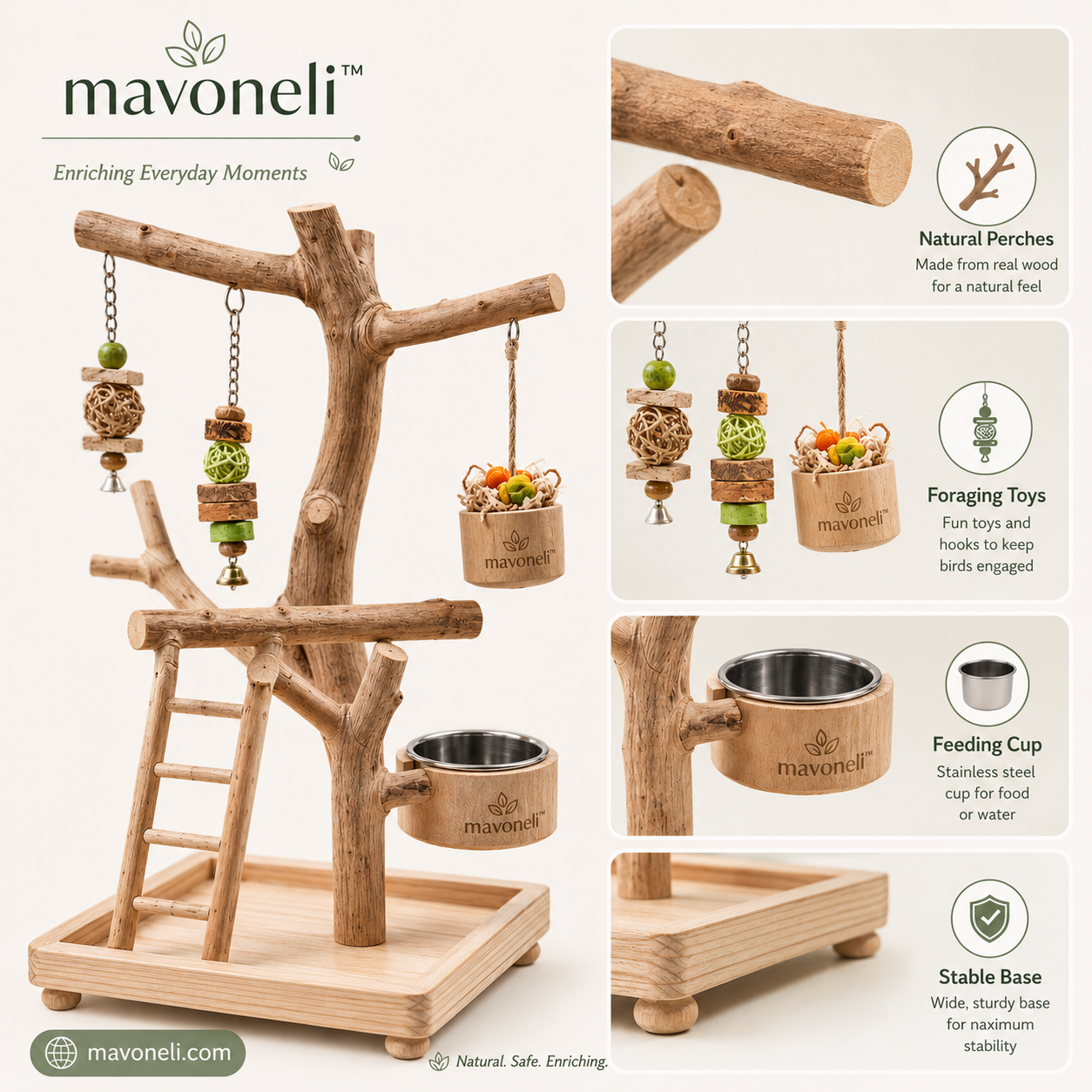 Mavoneli™ Natural Wood Parrot Foraging Play Stand with Ladder, Toys & Feeding Cups