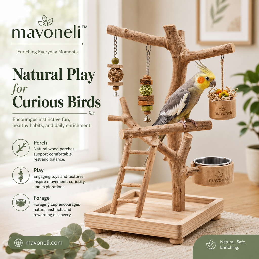 Mavoneli™ Natural Wood Parrot Foraging Play Stand with Ladder, Toys & Feeding Cups