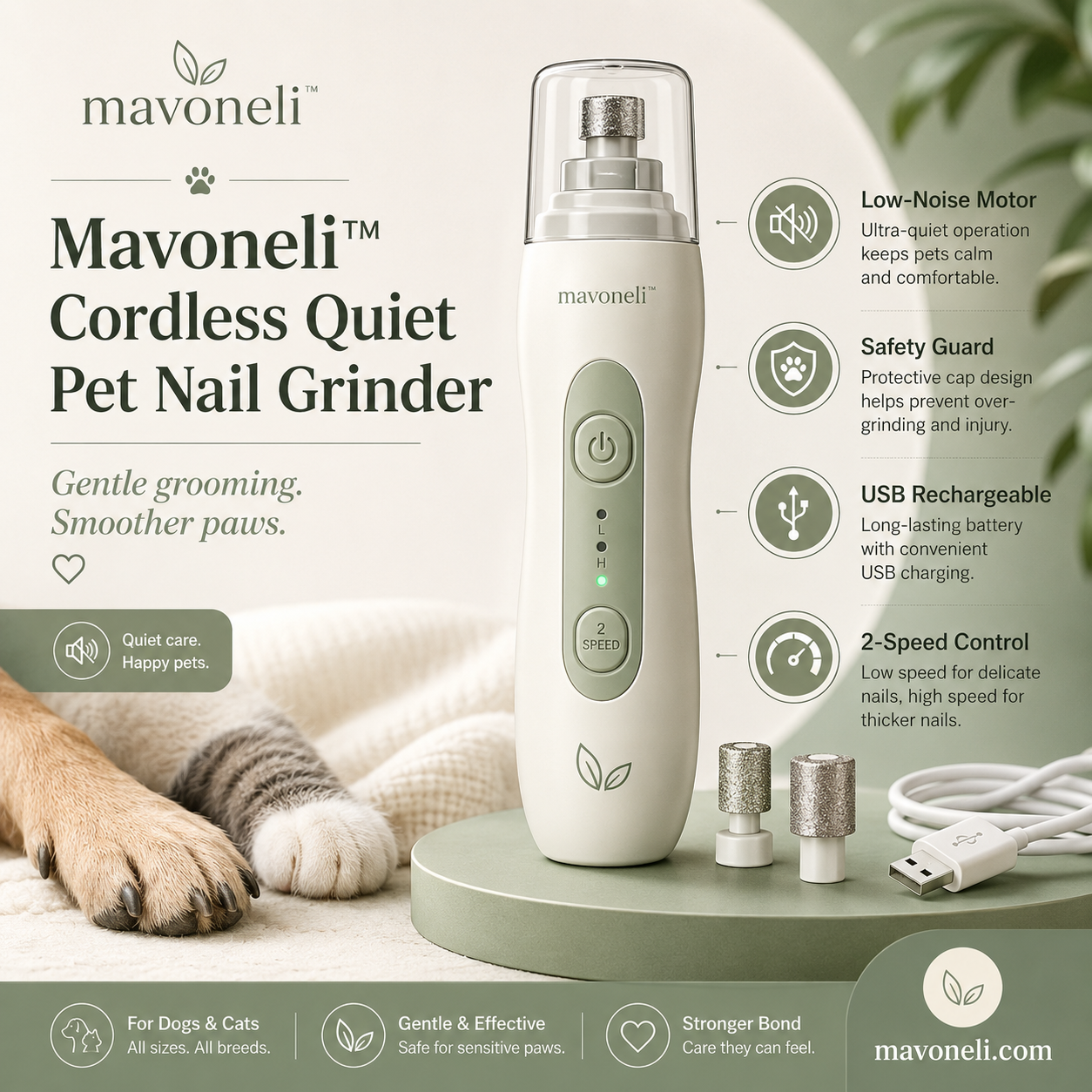 Mavoneli™ Cordless Quiet Pet Nail Grinder with Safety Guard, 2 Speeds & USB Charging