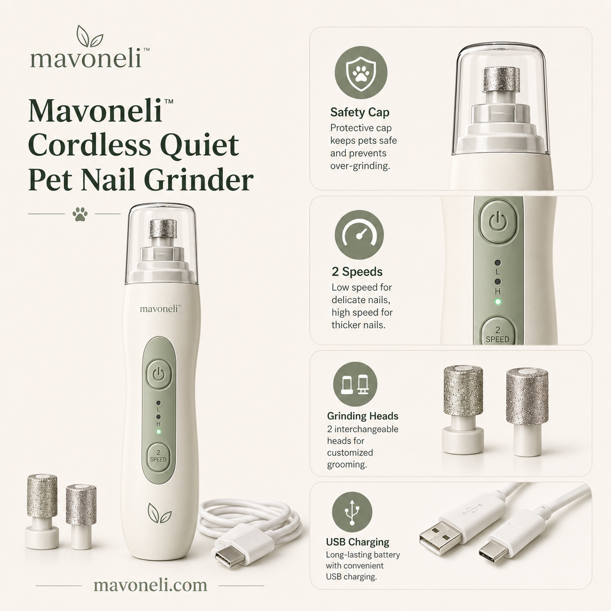 Mavoneli™ Cordless Quiet Pet Nail Grinder with Safety Guard, 2 Speeds & USB Charging