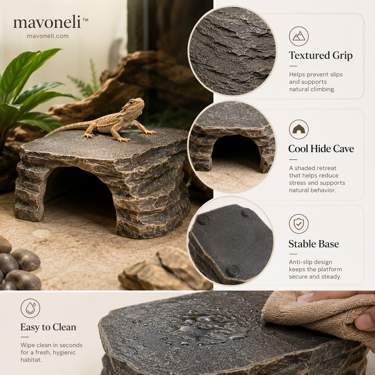 mavoneli™ Reptile Basking Cave – Natural Rock Platform & Hideout for Geckos and Small Reptiles