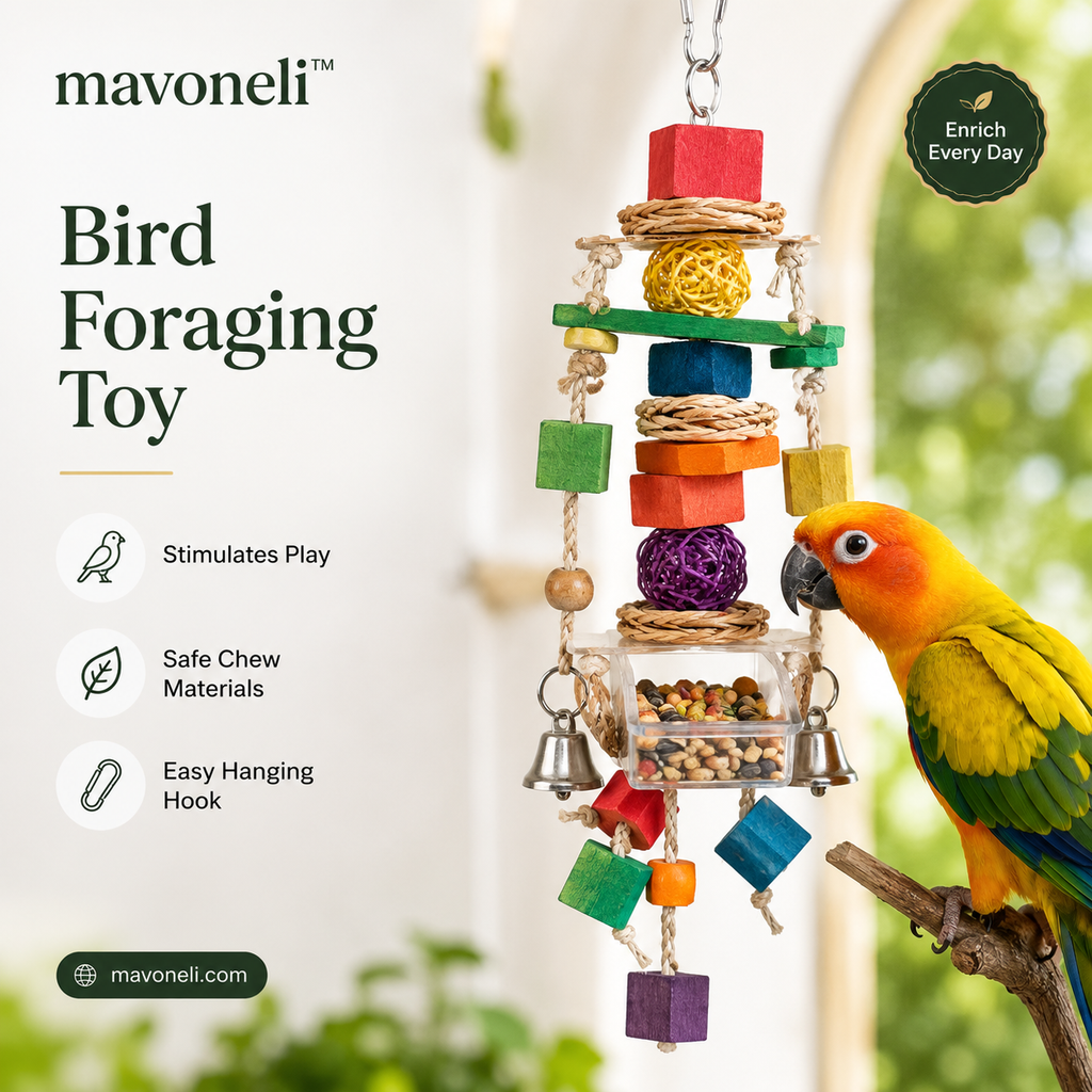 mavoneli™ Interactive Bird Foraging Toy – Refillable Treat Feeder with Chew Blocks, Rope & Bells