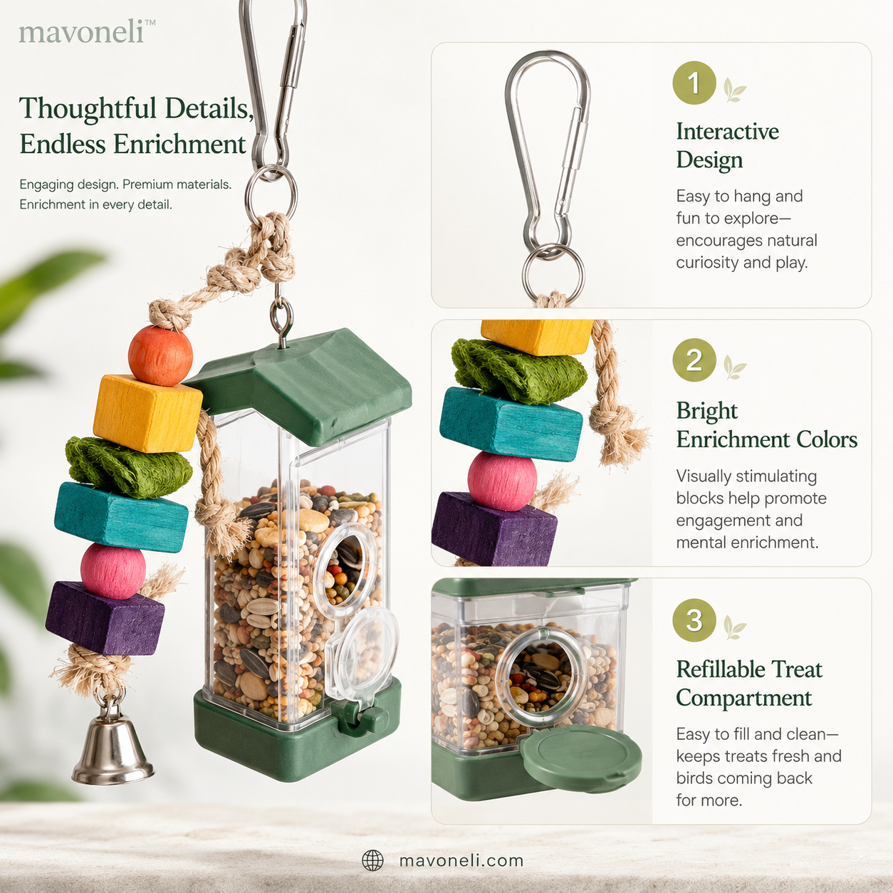 mavoneli™ Interactive Bird Foraging Toy – Refillable Treat Feeder with Chew Blocks, Rope & Bells
