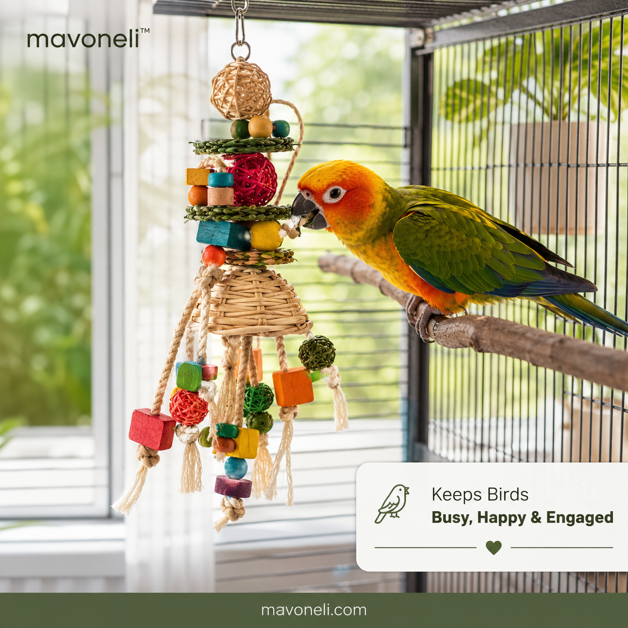 mavoneli™ Interactive Bird Foraging Toy – Refillable Treat Feeder with Chew Blocks, Rope & Bells