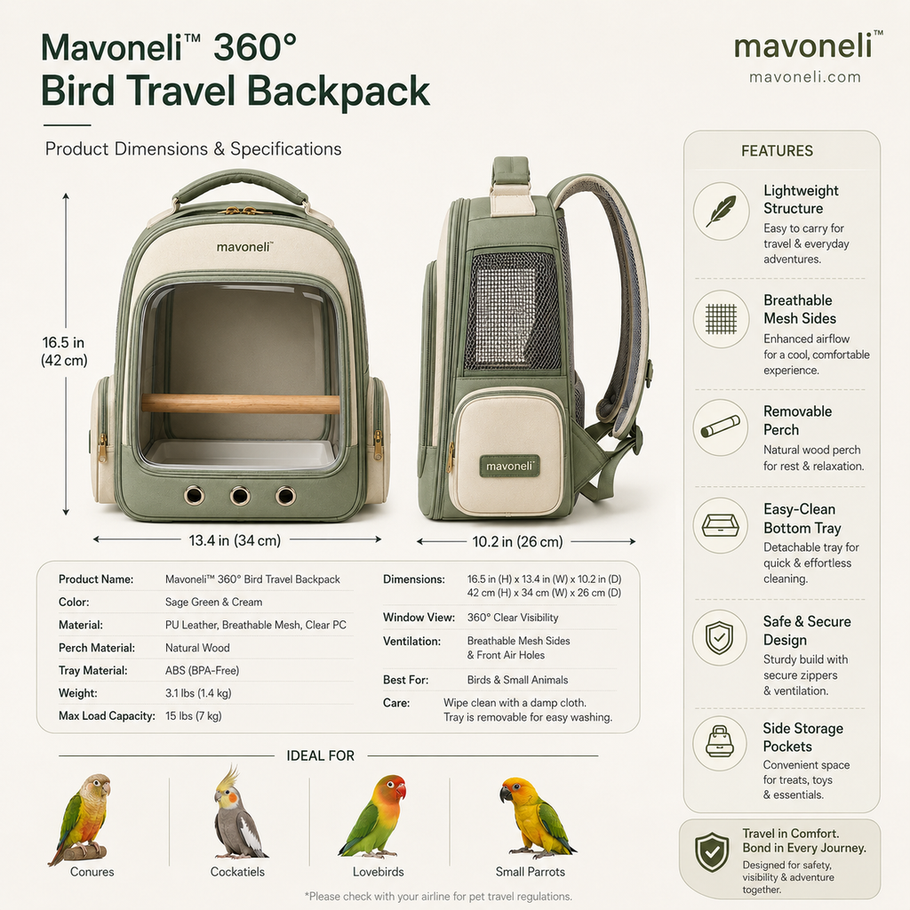 Mavoneli™ 360° Panoramic Bird Travel Backpack with Removable Perch & Easy-Clean Tray