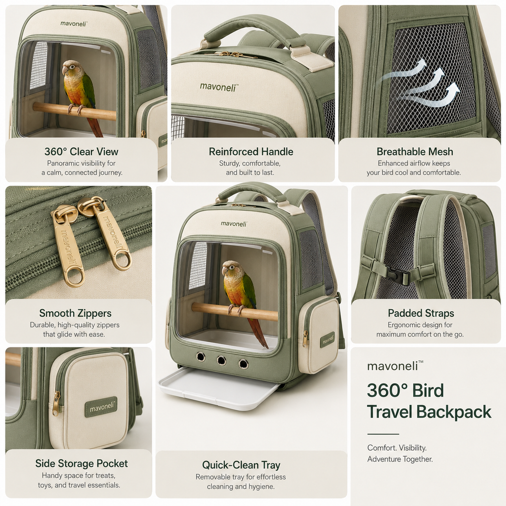 Mavoneli™ 360° Panoramic Bird Travel Backpack with Removable Perch & Easy-Clean Tray